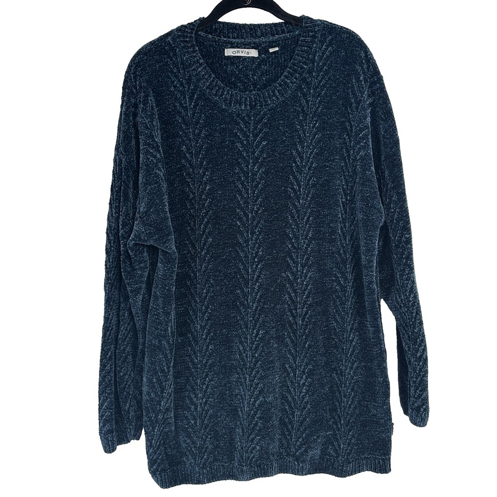Orvis Women's Chenille Sweater Size XXL Blue Striped Cozy Soft Textured